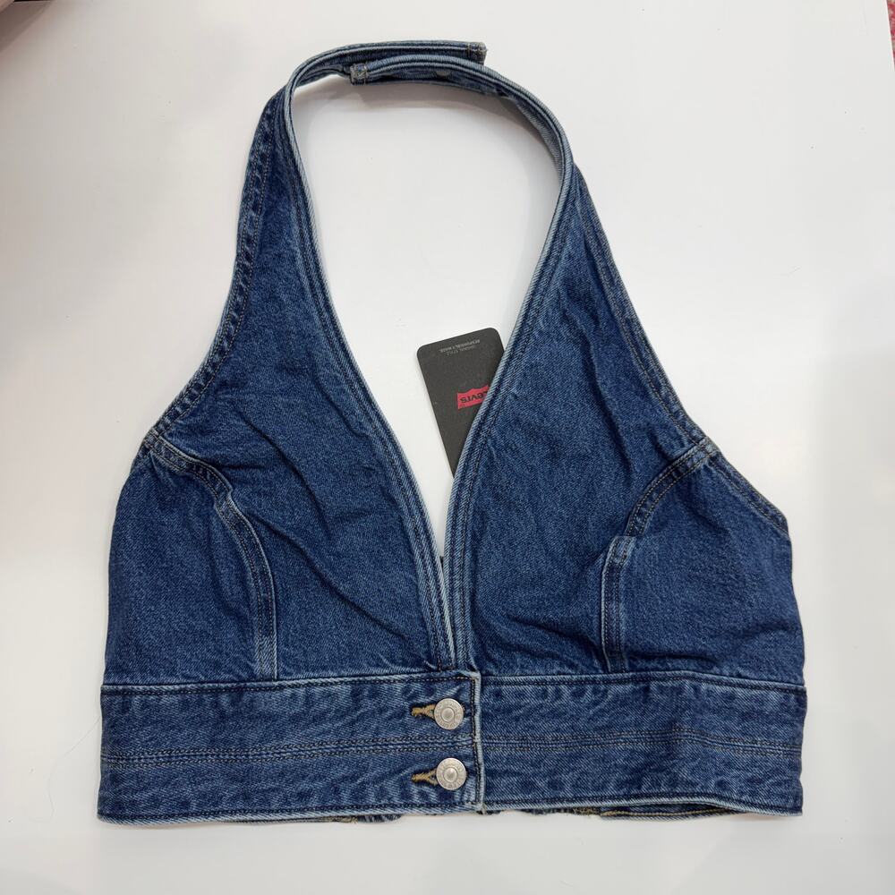 NEW Levi's Denim Halter Cropped Tank Top Crop Top Large Western Country Concert - Picture 2 of 5